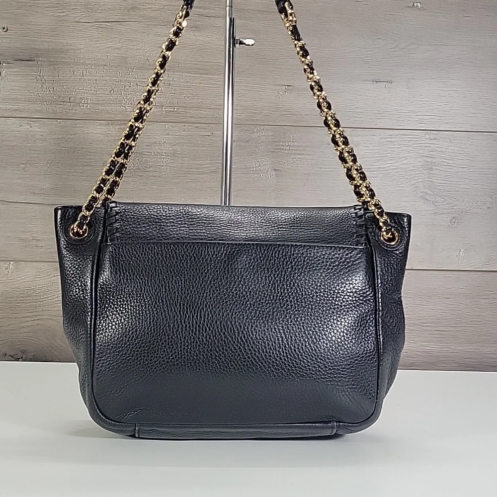 Tory Burch Flap Front Pebble Black Leather Shoulder Bag with Gold Chain-Strap